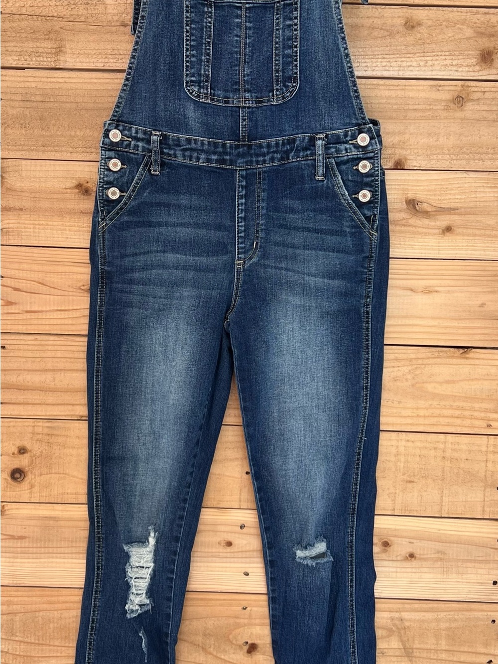 KanCan Dark Blue Distressed Denim Overalls